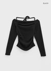 Poron Shirring Strap Off-shoulder Fleece Long-sleeved T-shirt