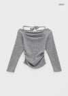 Poron Shirring Strap Off-shoulder Fleece Long-sleeved T-shirt
