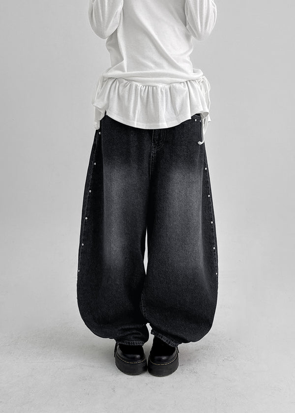 Loppen-striped Balloon Wide Denim Pants