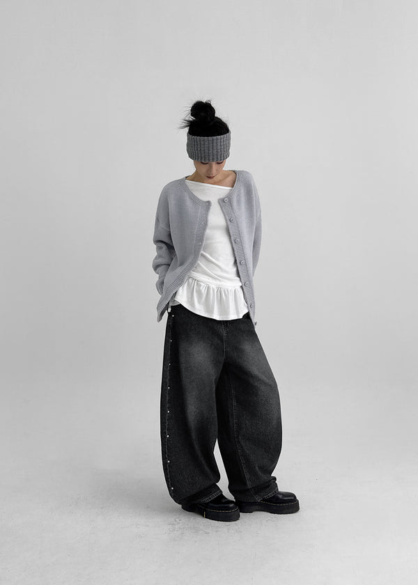 Loppen-striped Balloon Wide Denim Pants