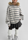 Combing Stripe Fleece Fur Hooded Zip-up