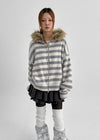 Combing Stripe Fleece Fur Hooded Zip-up