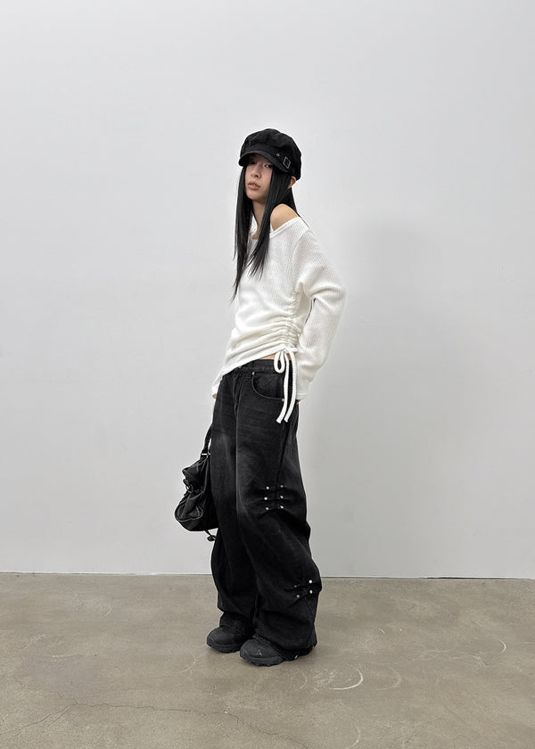 Rapcle Side Rivet Wide Denim Pants