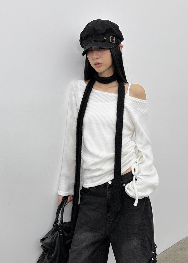 Garment Unbalanced Shirring Fleece Long Sleeve T-shirt