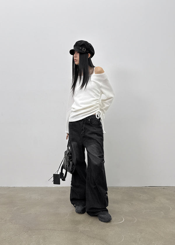 Garment Unbalanced Shirring Fleece Long Sleeve T-shirt