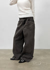Hollang Curved Cut Washed Wide Denim Pants
