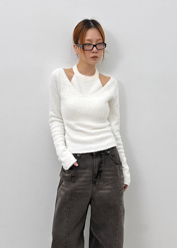 Hollang Curved Cut Washed Wide Denim Pants