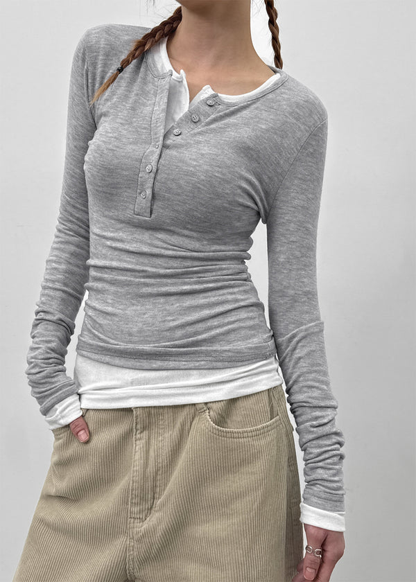 Tigging Layered Henley Neck Tencel Long Sleeve T-shirt (30% Wool)