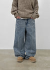 Hollang Curved Cut Washed Wide Denim Pants