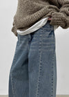 Hollang Curved Cut Washed Wide Denim Pants