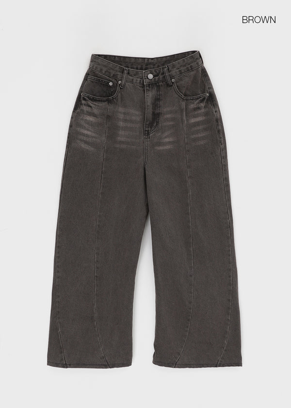 Hollang Curved Cut Washed Wide Denim Pants