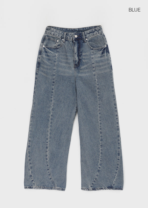 Hollang Curved Cut Washed Wide Denim Pants