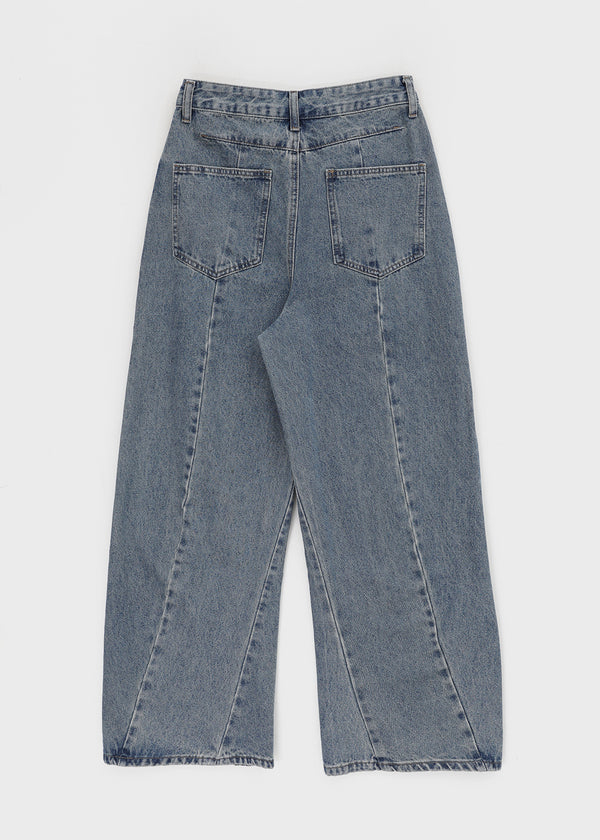 Hollang Curved Cut Washed Wide Denim Pants