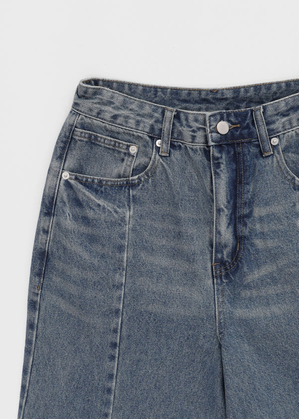 Hollang Curved Cut Washed Wide Denim Pants