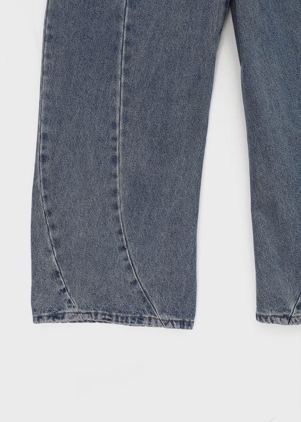 Hollang Curved Cut Washed Wide Denim Pants