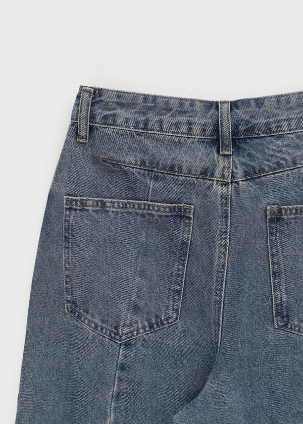 Hollang Curved Cut Washed Wide Denim Pants