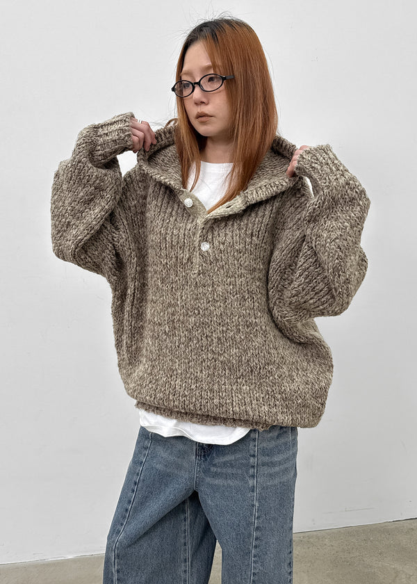 (UNISEX) Gelton Henley Neck Alpaca Knit Hoodie