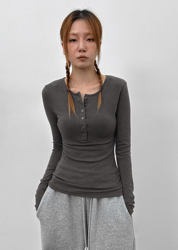 Tigging Layered Henley Neck Tencel Long Sleeve T-shirt (30% Wool)