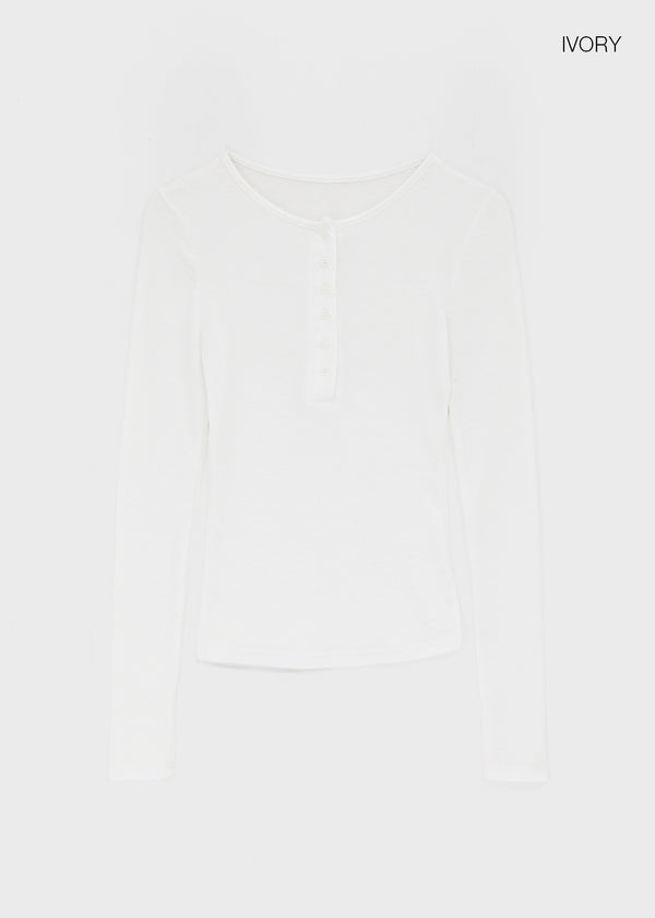 Tigging Layered Henley Neck Tencel Long Sleeve T-shirt (30% Wool)