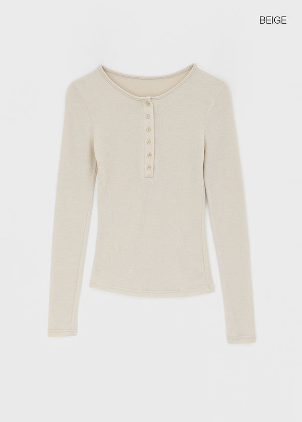 Tigging Layered Henley Neck Tencel Long Sleeve T-shirt (30% Wool)