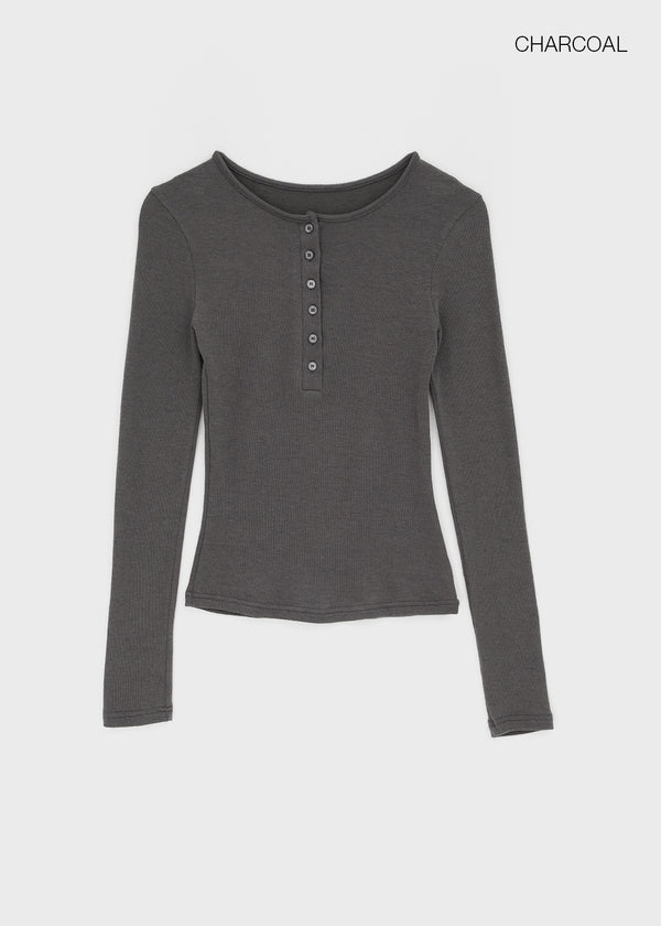 Tigging Layered Henley Neck Tencel Long Sleeve T-shirt (30% Wool)