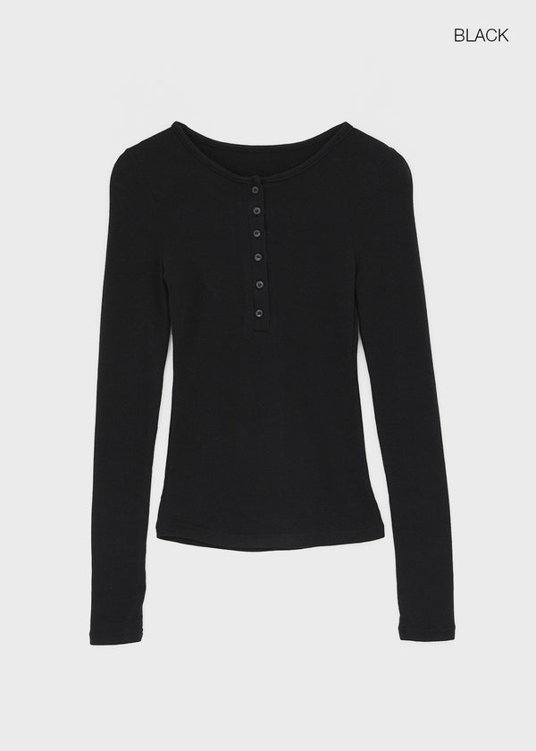 Tigging Layered Henley Neck Tencel Long Sleeve T-shirt (30% Wool)