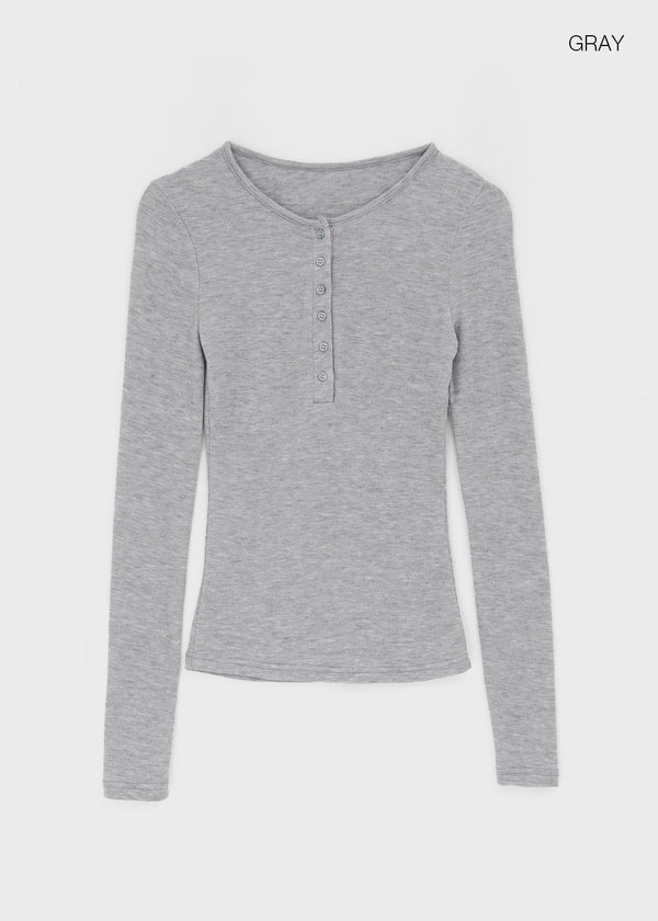 Tigging Layered Henley Neck Tencel Long Sleeve T-shirt (30% Wool)