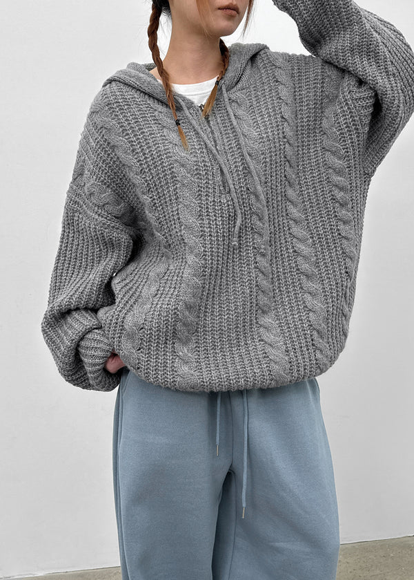 (UNISEX) Solpin Half-zip Cable Knit Hoodie