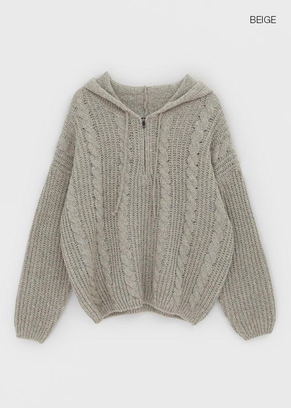 (UNISEX) Solpin Half-zip Cable Knit Hoodie