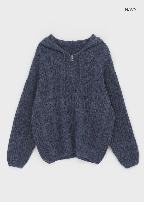 (UNISEX) Solpin Half-zip Cable Knit Hoodie