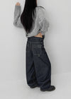Long Bell Back Pocket Stitch Raw Fabric Wide Denim Pants