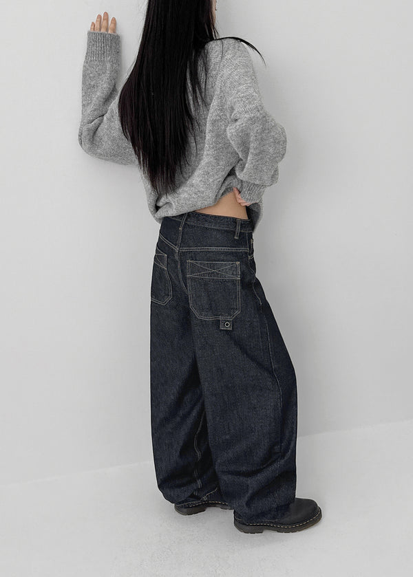 Long Bell Back Pocket Stitch Raw Fabric Wide Denim Pants