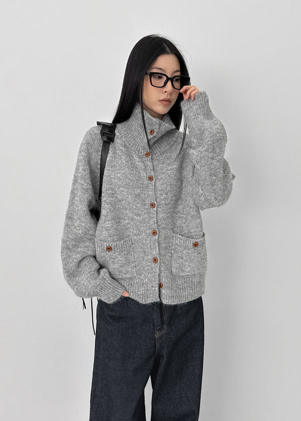 Minoko High-neck Pocket Wool Knit Cardigan