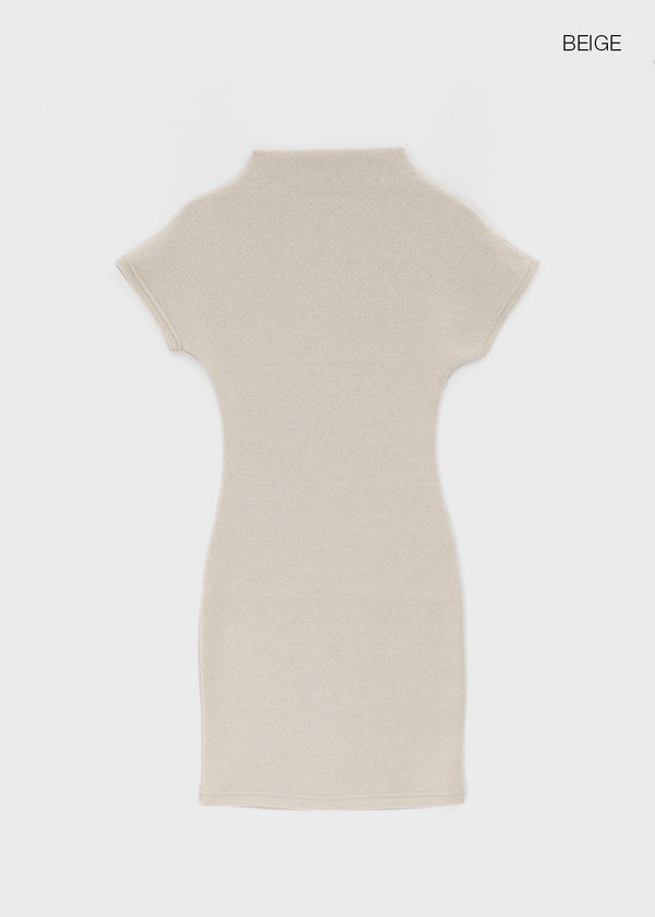 Pogeung High-neck Cap-sleeve Fleece Slim Mini Dress