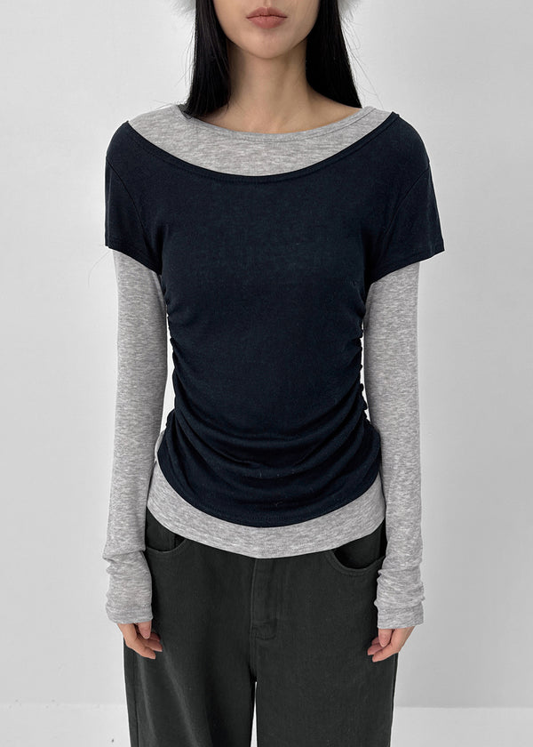Pommel Color Block Layered Shirring Long-sleeved T-shirt