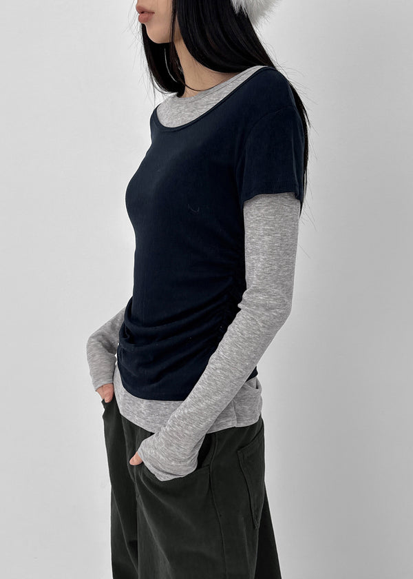 Pommel Color Block Layered Shirring Long-sleeved T-shirt