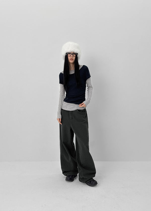 Pommel Color Block Layered Shirring Long-sleeved T-shirt