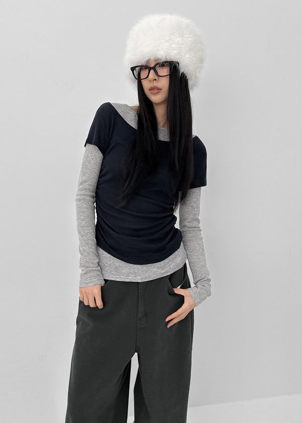 Pommel Color Block Layered Shirring Long-sleeved T-shirt