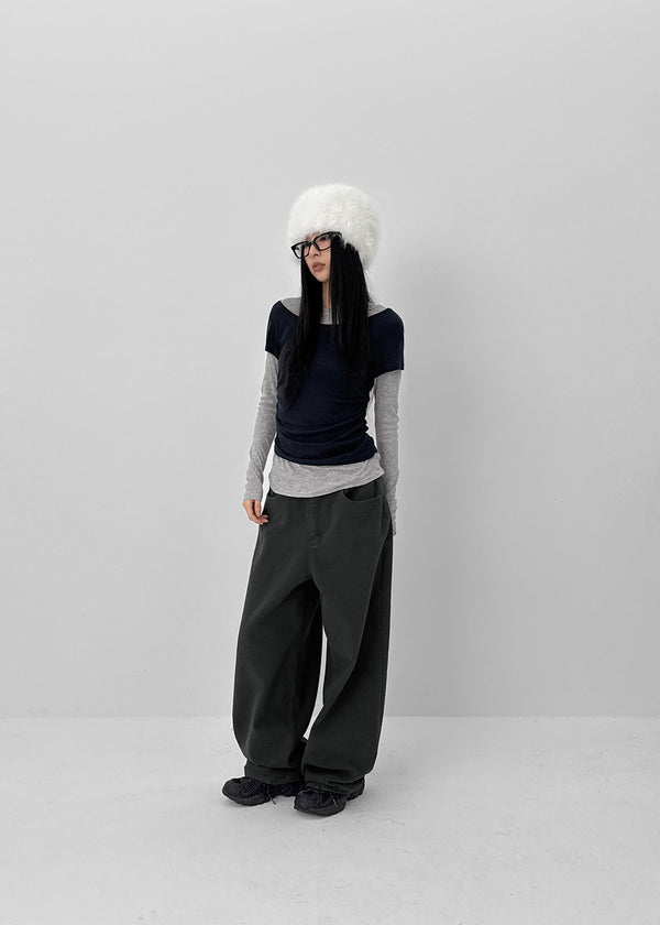 Pommel Color Block Layered Shirring Long-sleeved T-shirt