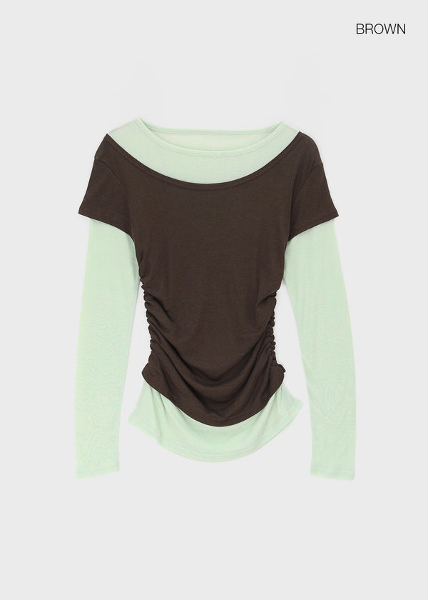 Pommel Color Block Layered Shirring Long-sleeved T-shirt