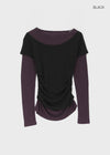 Pommel Color Block Layered Shirring Long-sleeved T-shirt