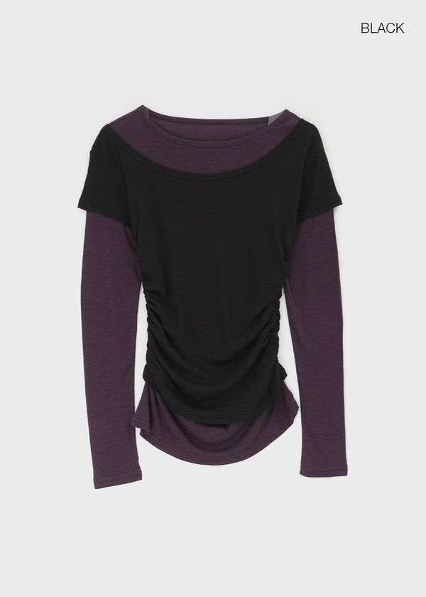 Pommel Color Block Layered Shirring Long-sleeved T-shirt