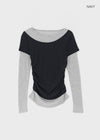 Pommel Color Block Layered Shirring Long-sleeved T-shirt