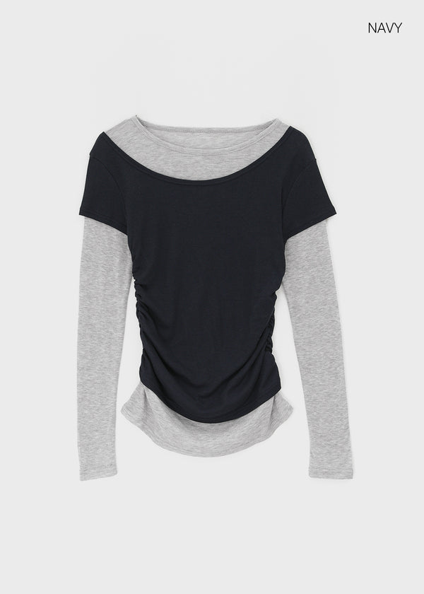 Pommel Color Block Layered Shirring Long-sleeved T-shirt