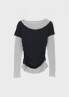 Pommel Color Block Layered Shirring Long-sleeved T-shirt