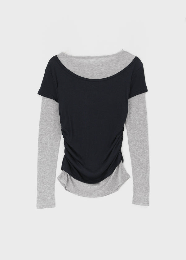 Pommel Color Block Layered Shirring Long-sleeved T-shirt