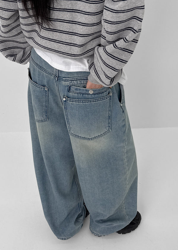 (UNISEX) Kubel Back Pocket Washed Fleece Wide Denim Pants