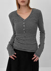 Defro Stripe Button V-Neck Long Sleeve T-Shirt