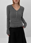 Defro Stripe Button V-Neck Long Sleeve T-Shirt