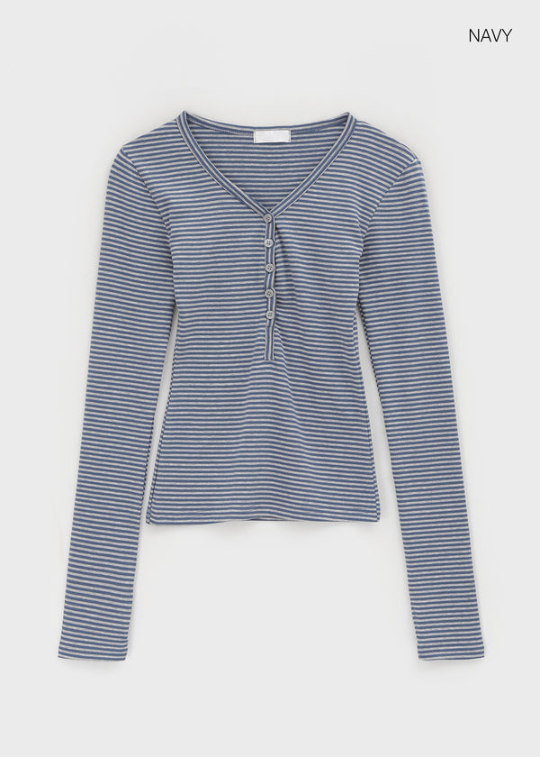 Defro Stripe Button V-Neck Long Sleeve T-Shirt
